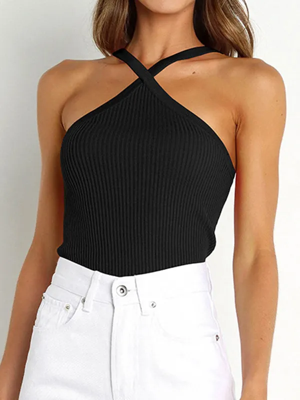 Skinny Sleeveless Solid Color Halter-Neck Vest Top