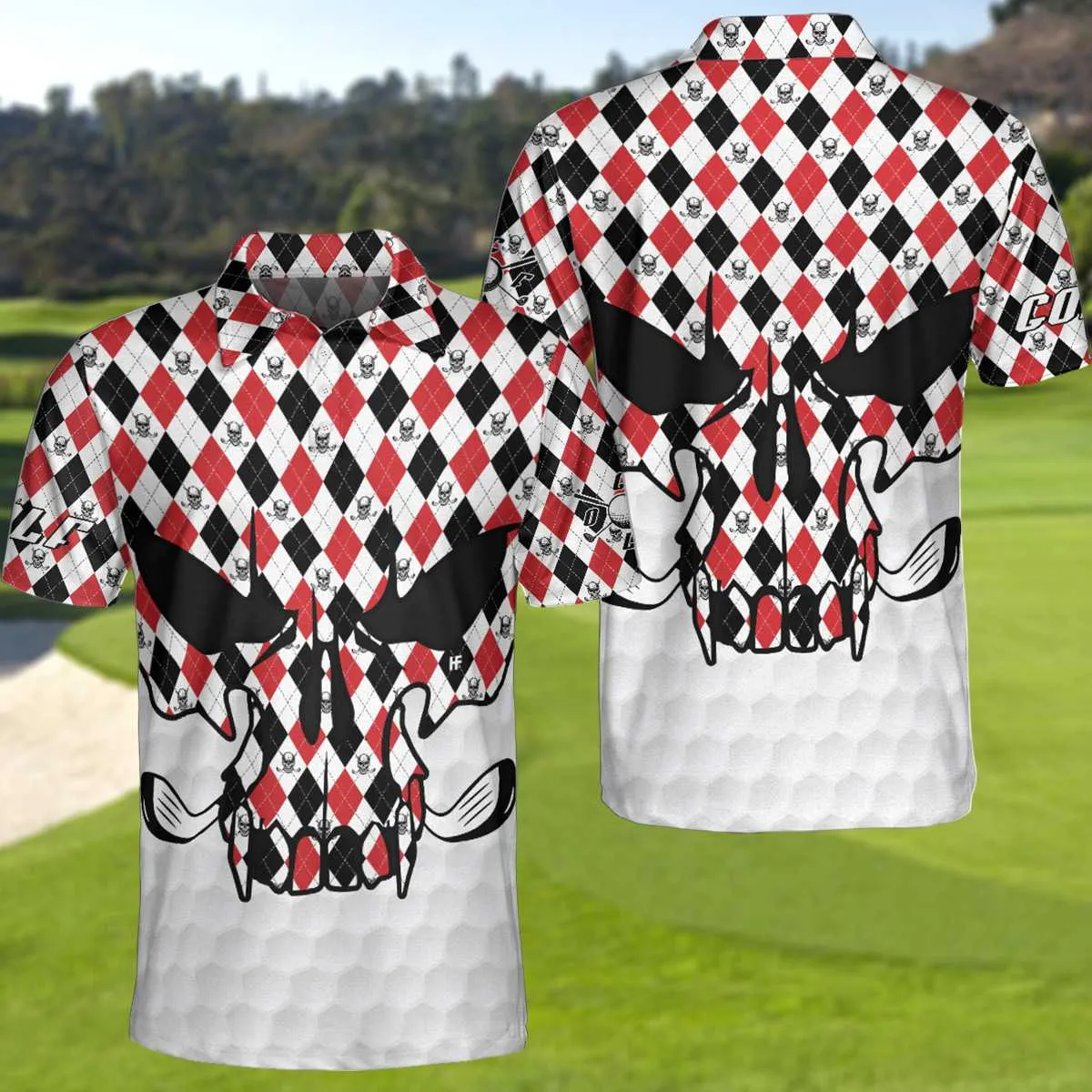 Skull Golf Red Black White Polo Shirt, Golf Texture Argyle Pattern Skull Polo Shirt, Best Golf Shirt For Men Coolspod