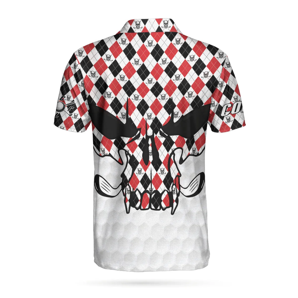 Skull Golf Red Black White Polo Shirt, Golf Texture Argyle Pattern Skull Polo Shirt, Best Golf Shirt For Men Coolspod