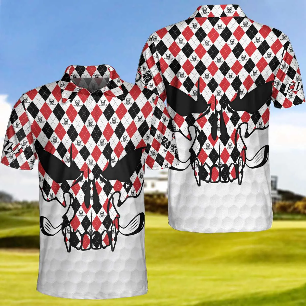 Skull Golf Red Black White Polo Shirt, Golf Texture Argyle Pattern Skull Polo Shirt, Best Golf Shirt For Men Coolspod