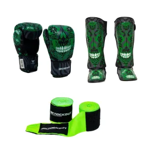 Skull Green Package: Gloves   Shin Guards   FREE 3M Neon Green Hand Wraps