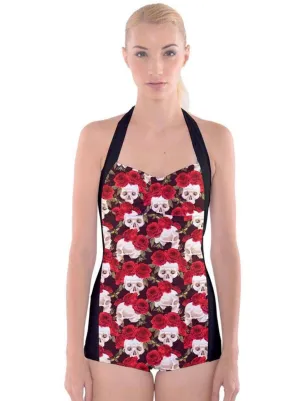 Skulls and Red Roses Boyleg Halter Swimsuit