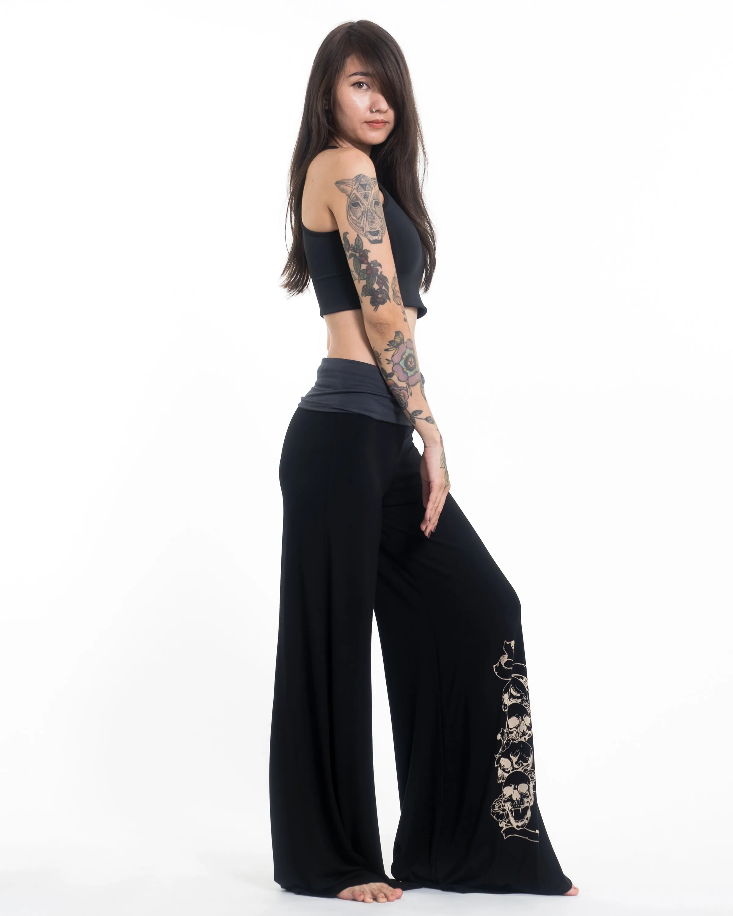 Skulls Spandex Wide Leg Palazzo Pants in Black