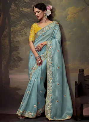 Sky Blue And Yellow Multi Embroidery Wedding Silk Saree