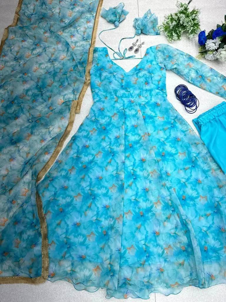 Sky Blue Color Digital Printed Georgette Silk Gown