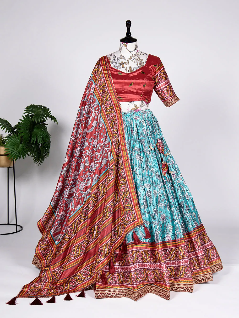 Sky Blue Color Ikkat Patola Print and Sequins Embroidery Chinon Lehenga Choli