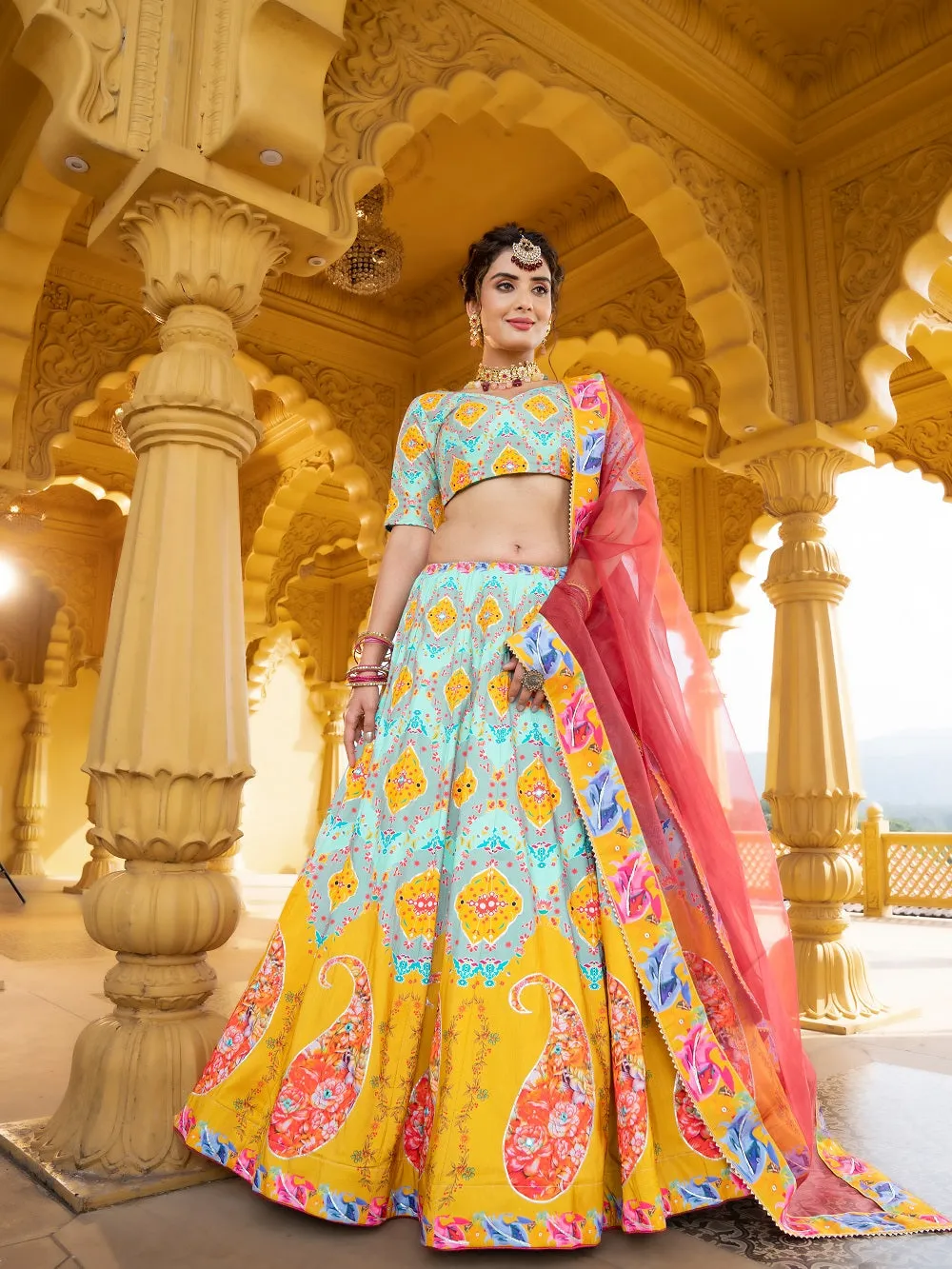 Sky Blue Color Printed & Real Mirror With Gota Pati Work Vaishali Silk Lehenga