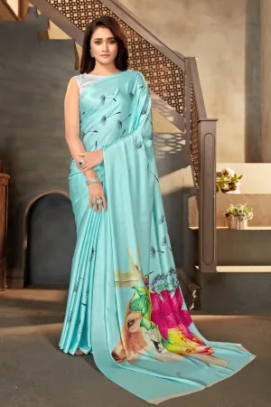 Sky blue color Satin digital print Saree