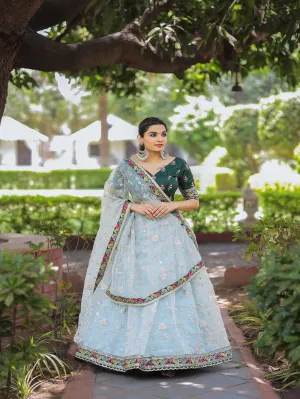 Sky Blue Color Thread Embroidery Work With Lace Border Organza Lehenga Choli