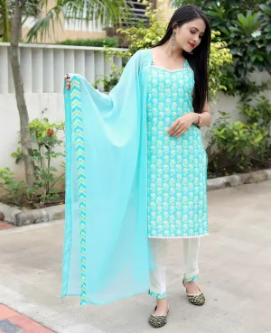 Sky Blue Cotton Fabric Kurta Set with Print Design