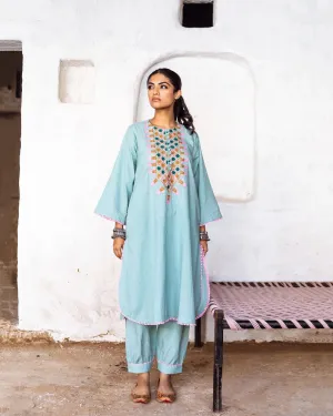 Sky Blue Cotton Floral Embroidered Kurta Palazzo Set