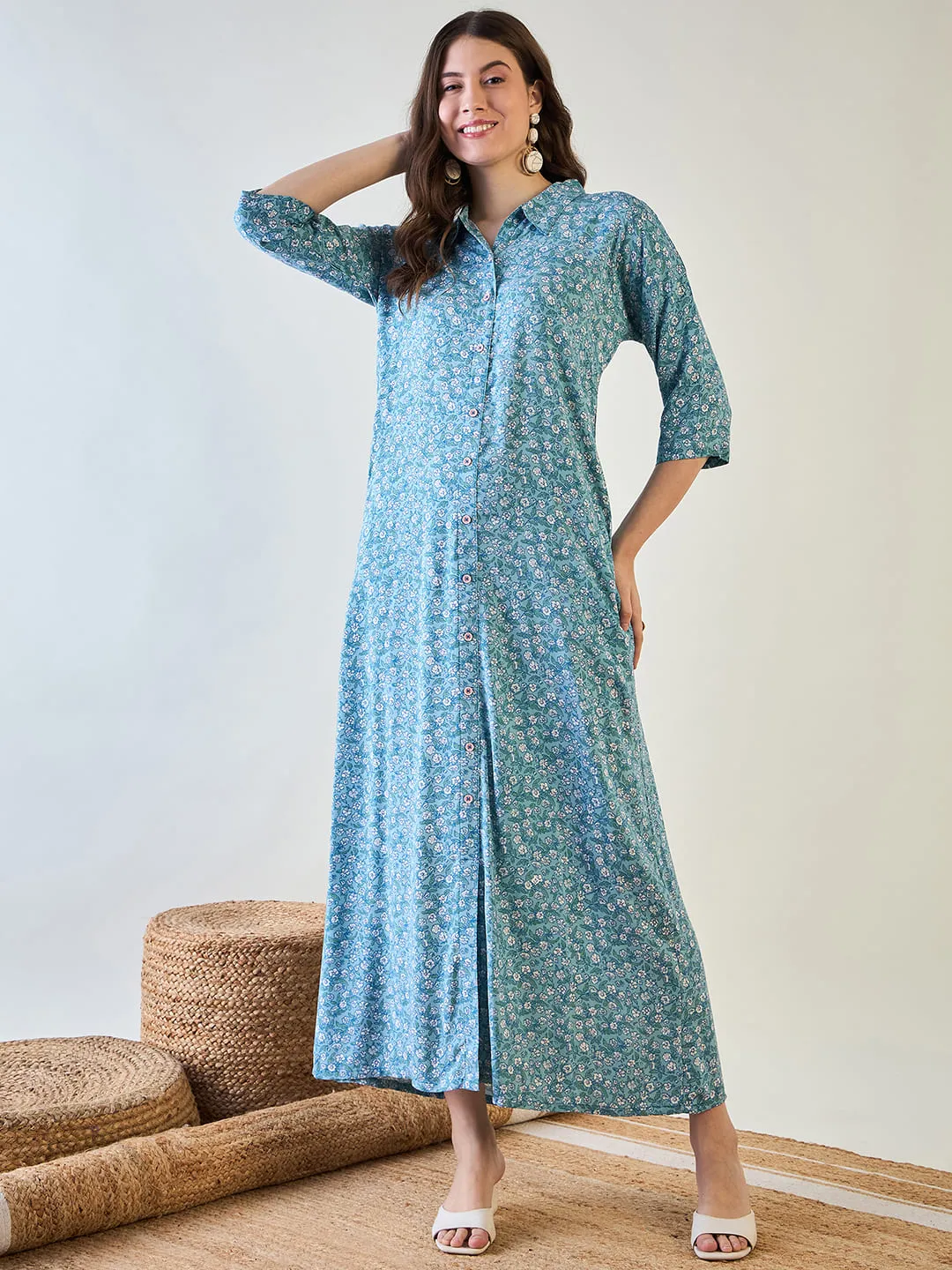 Sky Blue Cute Floral Button Down Night Dress