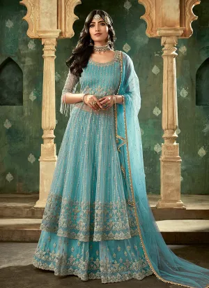 Sky Blue Designer Wedding Lehenga Style Anarkali Suit