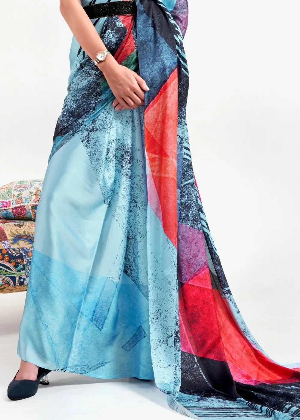 Sky Blue Digital Printed Satin Crepe Saree