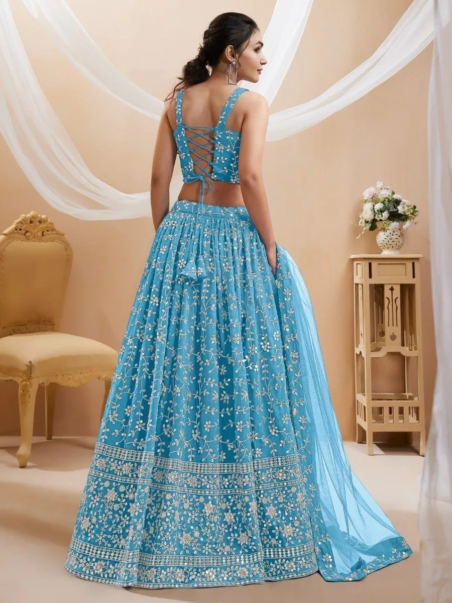 Sky Blue Embroidered Georgette Reception Wear Lehenga Choli