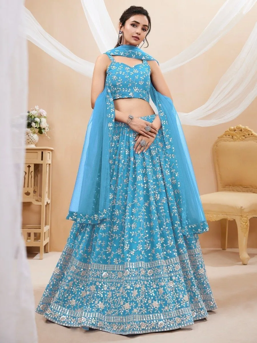 Sky Blue Embroidered Georgette Reception Wear Lehenga Choli