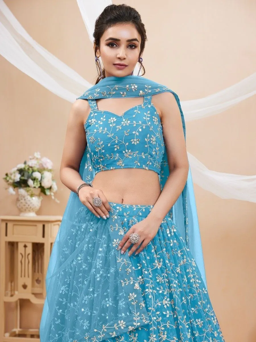 Sky Blue Embroidered Georgette Reception Wear Lehenga Choli