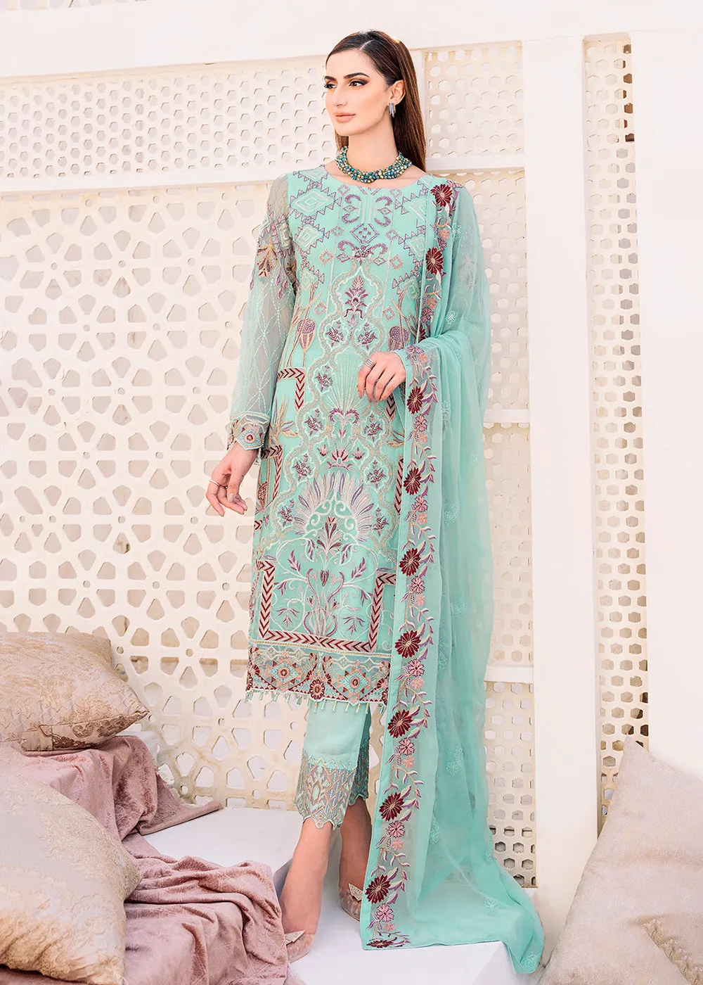 Sky Blue Embroidered Suit - Ramsha Chiffon Vol 23 - #F-2302