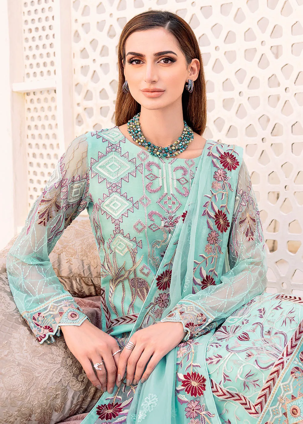 Sky Blue Embroidered Suit - Ramsha Chiffon Vol 23 - #F-2302