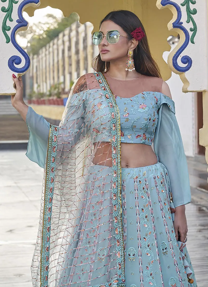 Sky Blue Embroidery Georgette Wedding Lehenga Choli