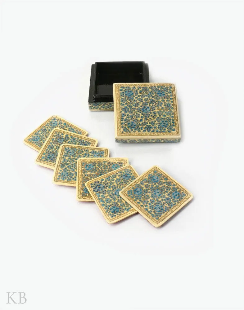 Sky Blue Flowery Square Paper Mache Coaster Set