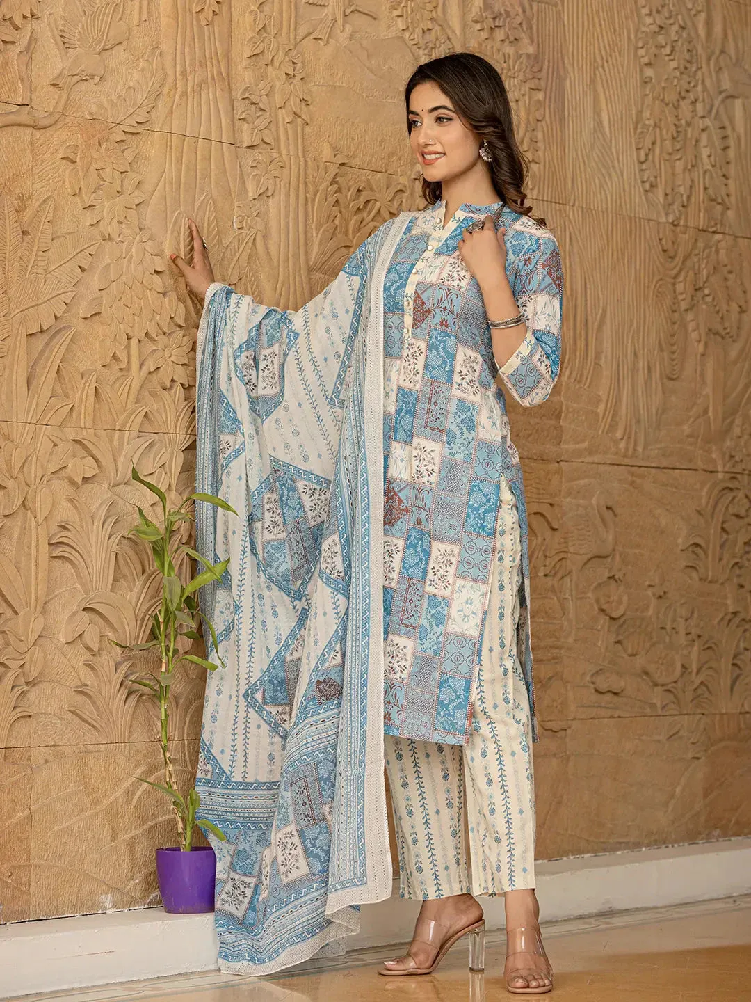 Sky Blue Geometric Print Straight Kurta Trouser And Dupatta Set