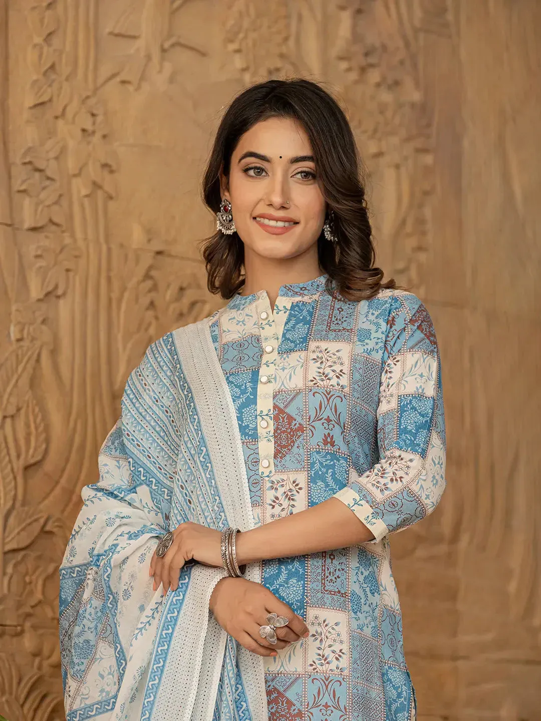 Sky Blue Geometric Print Straight Kurta Trouser And Dupatta Set