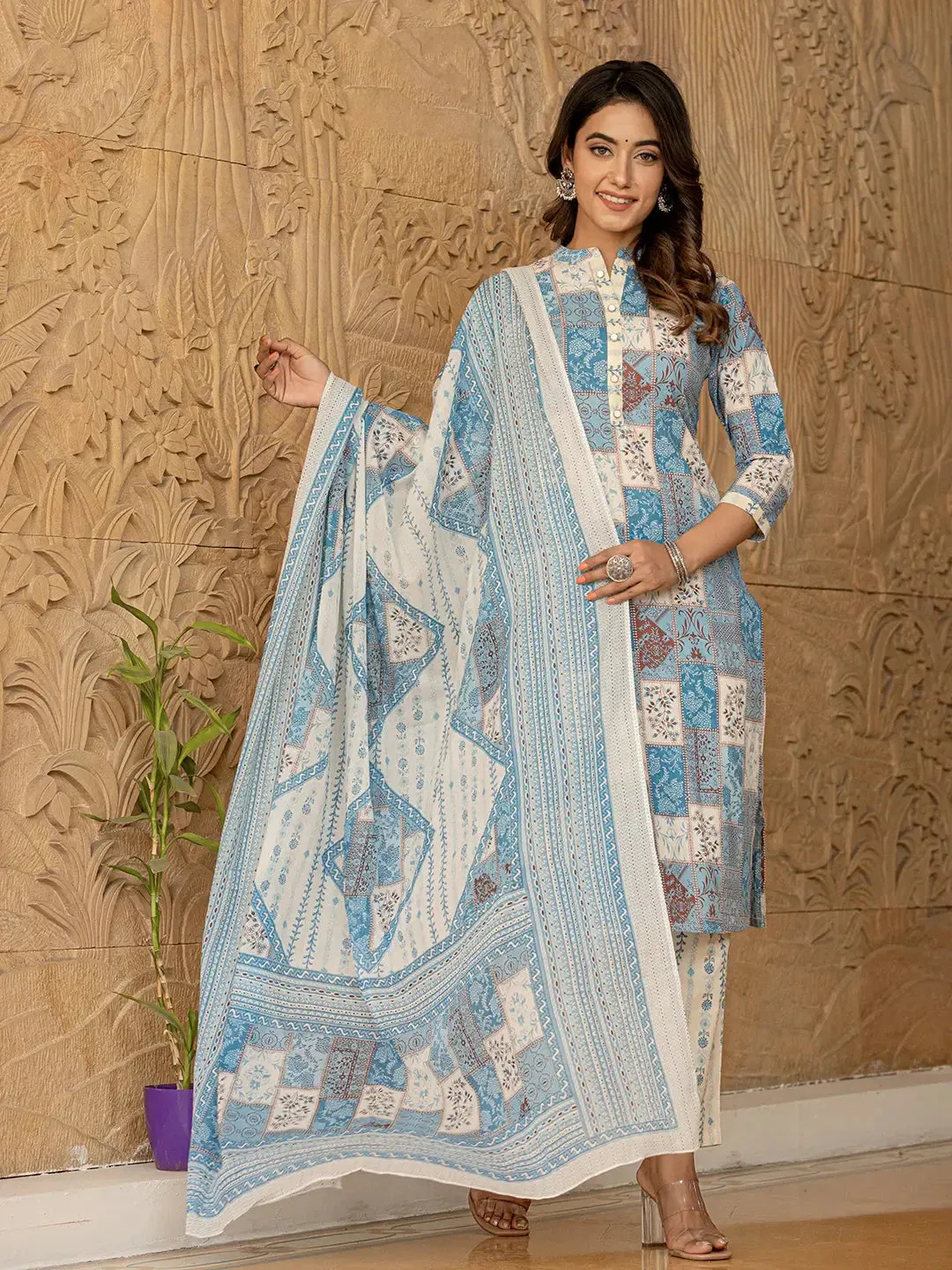 Sky Blue Geometric Print Straight Kurta Trouser And Dupatta Set