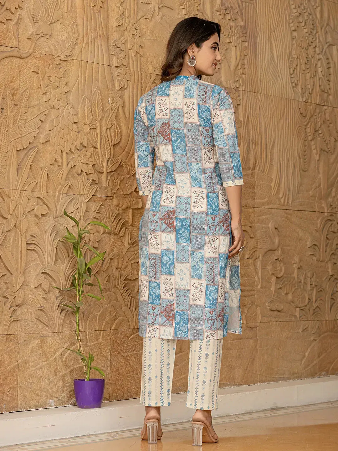 Sky Blue Geometric Print Straight Kurta Trouser And Dupatta Set