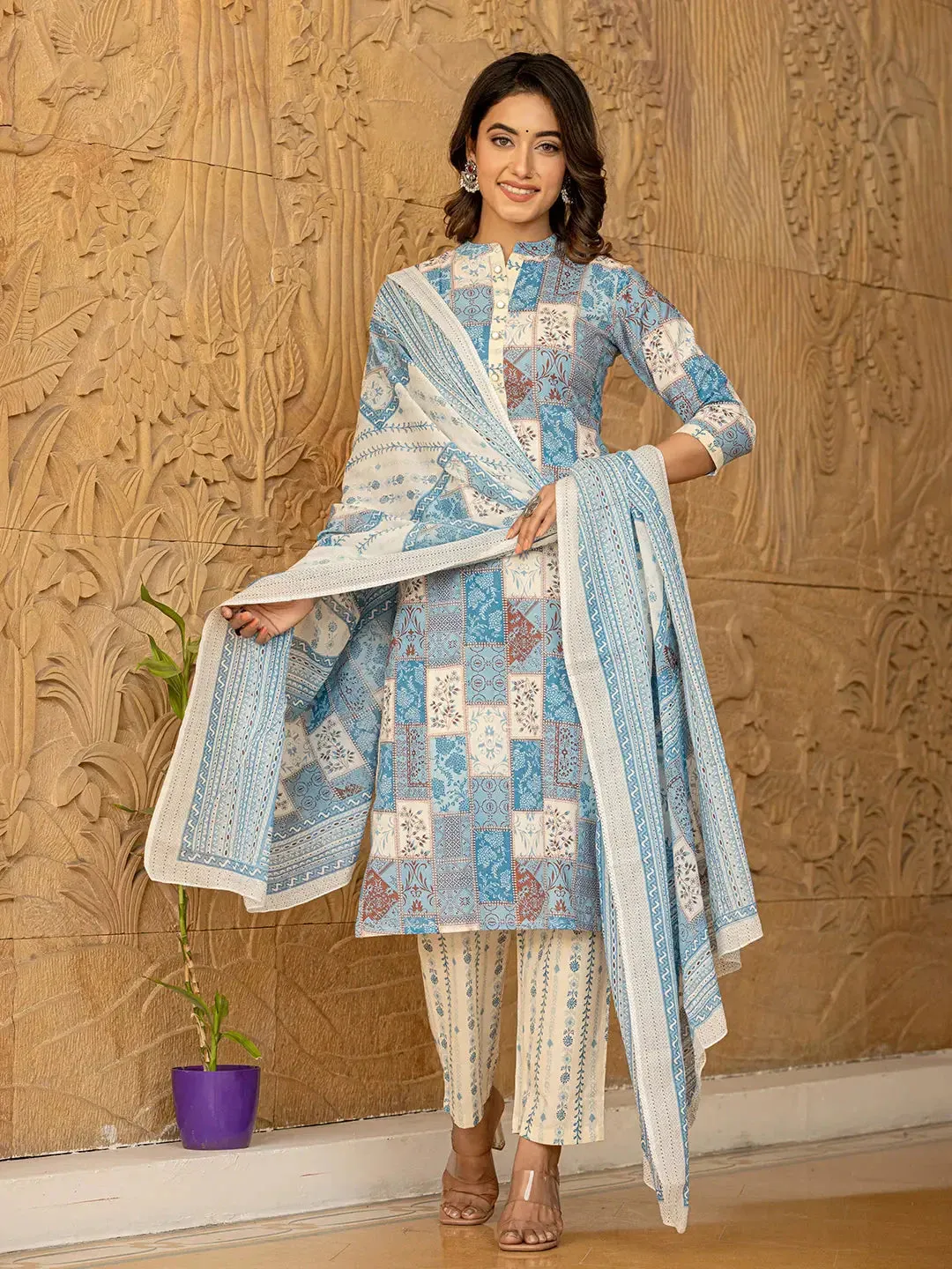 Sky Blue Geometric Print Straight Kurta Trouser And Dupatta Set