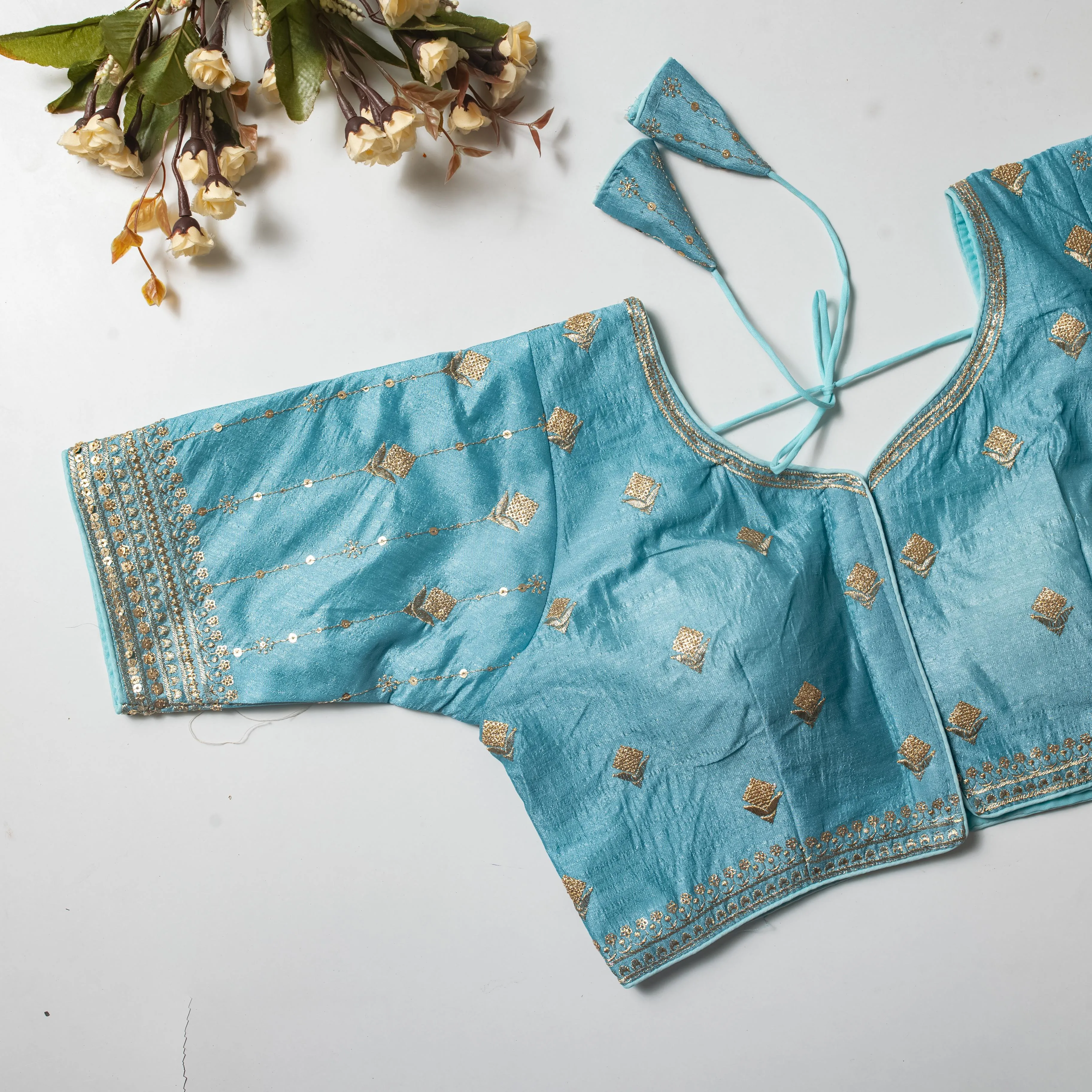 Sky Blue Golden Embroidered Vibrant Silk Blouse with Sequins