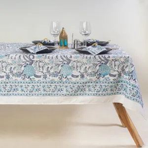 Sky Blue Hand Block Floral Print Pure Cotton Modern Dining Table Cover