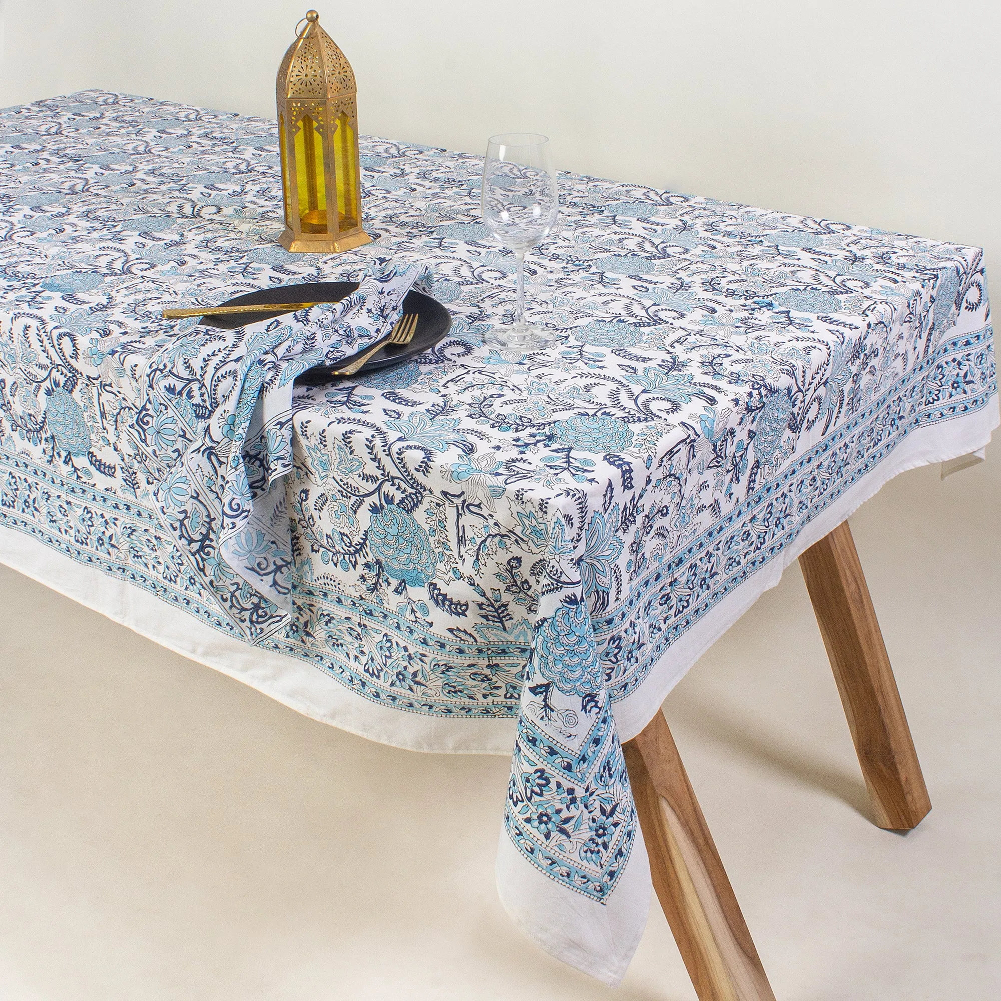 Sky Blue Hand Block Floral Print Pure Cotton Modern Dining Table Cover