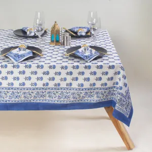 Sky Blue Hand Block Floral Print Table Cover 6 Seater with Napkins