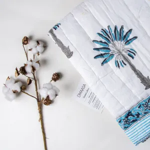 Sky Blue Hand Block Palm Tree Printed Mulmul Cotton Baby Blankets