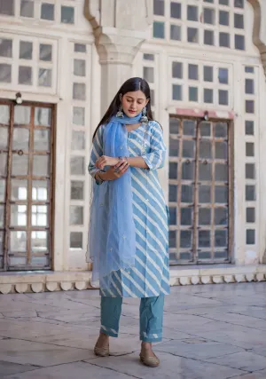 Sky Blue Leheriya Cotton Kurta Pant Set With Organza Dupatta