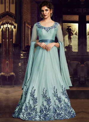 Sky Blue Minimalist Embroidered Designer Gown