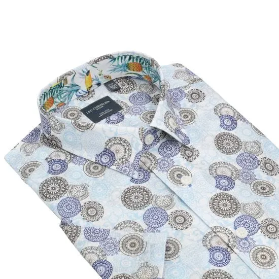 Sky Blue Modern Print Men's Cotton Short Sleeve Shirt