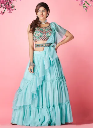 Sky Blue Multi Embroidered Wedding Lehenga Choli