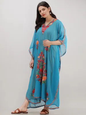 Sky Blue Multicolor Aari Embroidered Kashmere Free Size Georgette Kaftan  - K12K004