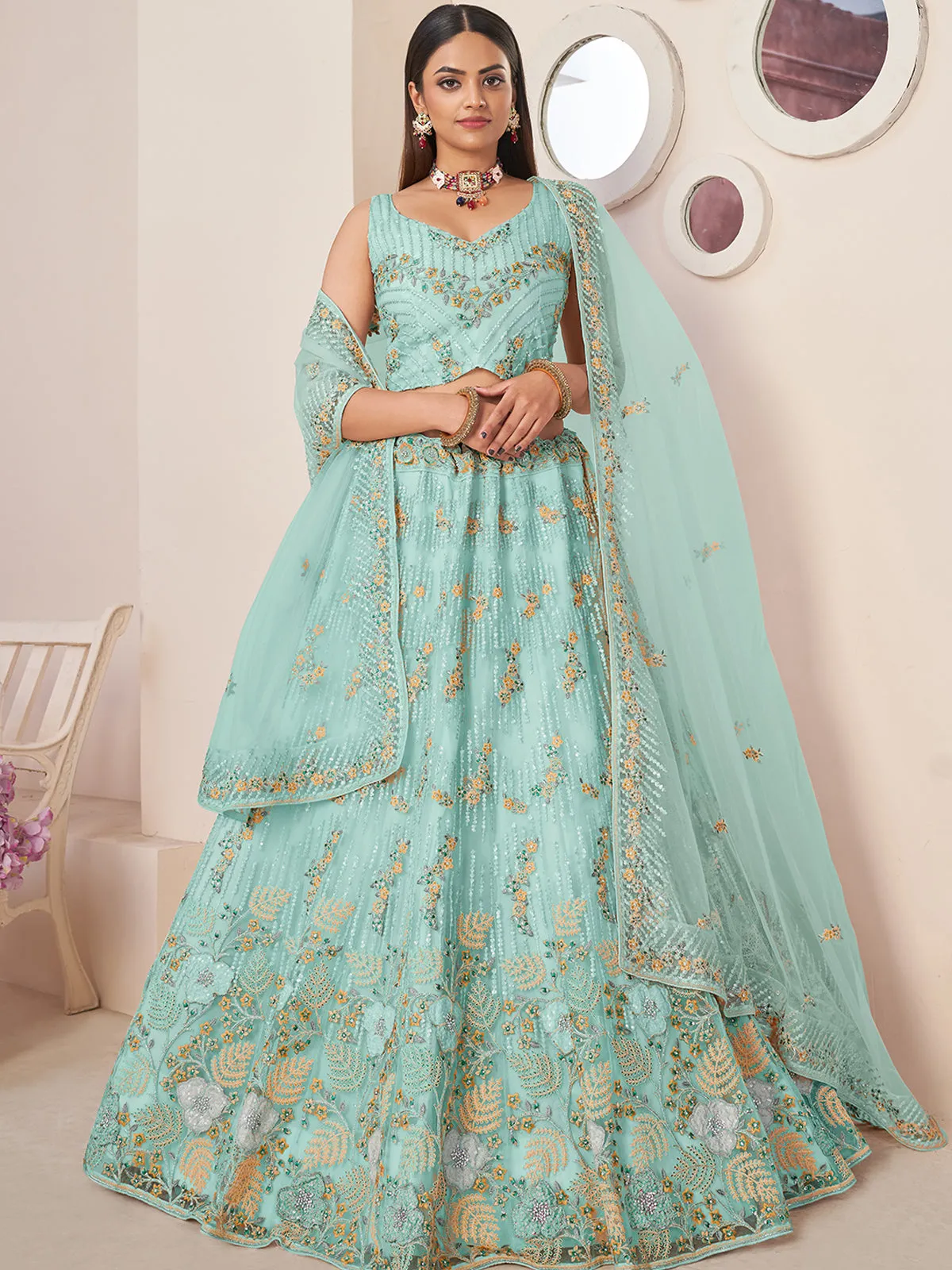 Sky Blue Net Embroidered Semi stitched Lehenga With Unstitched blouse