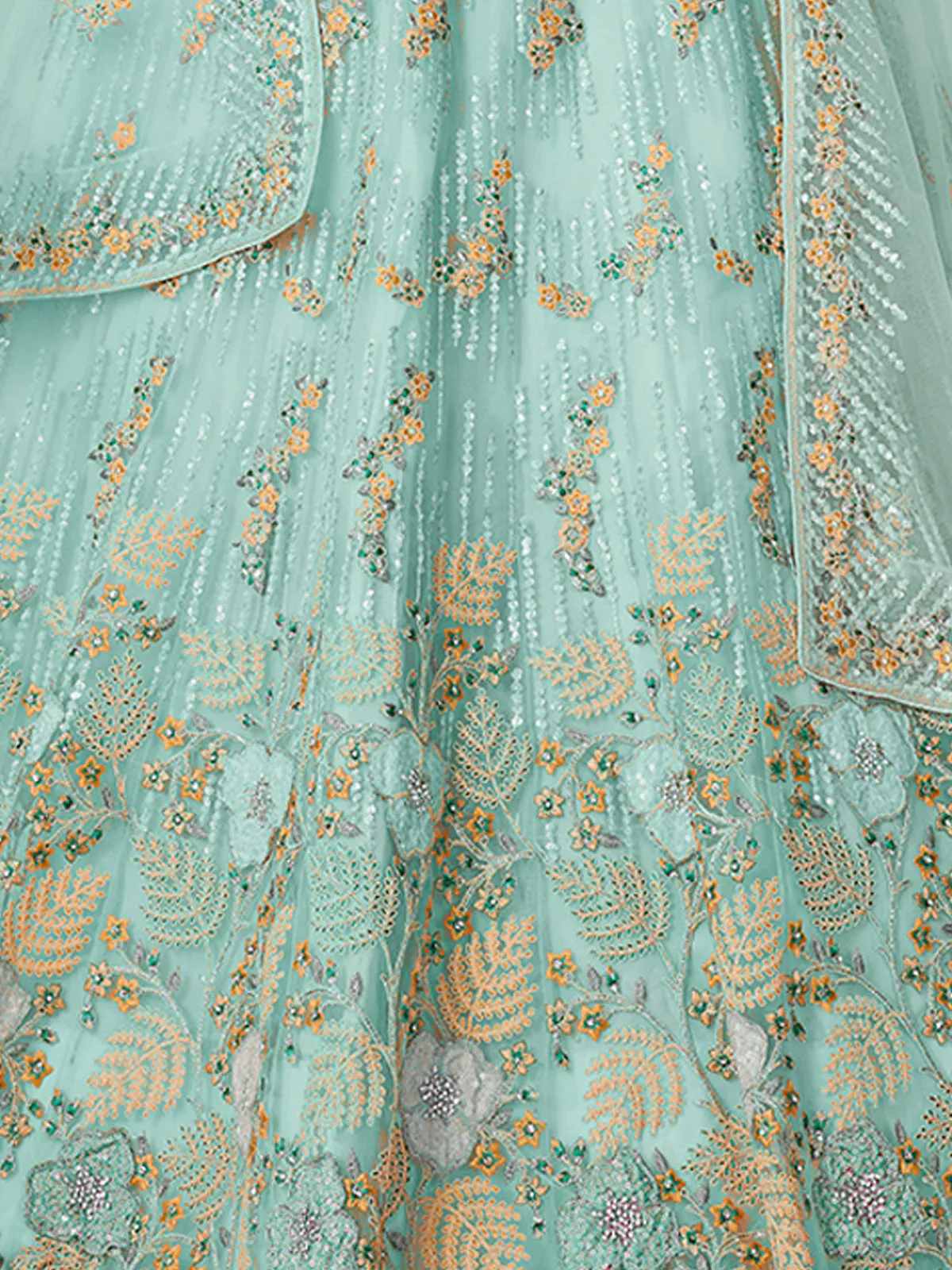 Sky Blue Net Embroidered Semi stitched Lehenga With Unstitched blouse