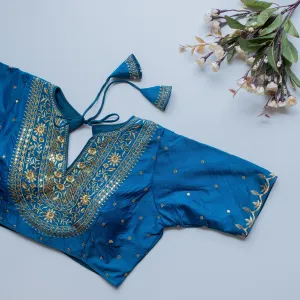 Sky Blue Olive Silk Blouse with Golden Embroidery and Sequence Accents