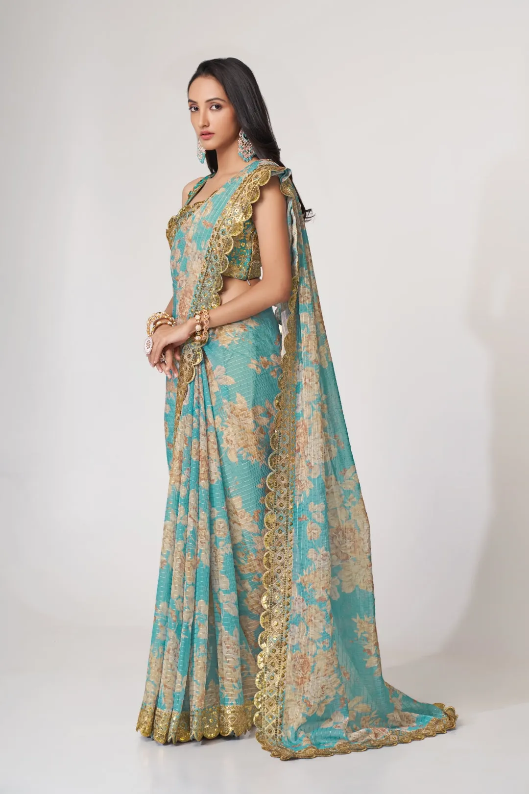 Sky Blue Organza Saree with Sequin Embroidery and Digital Print