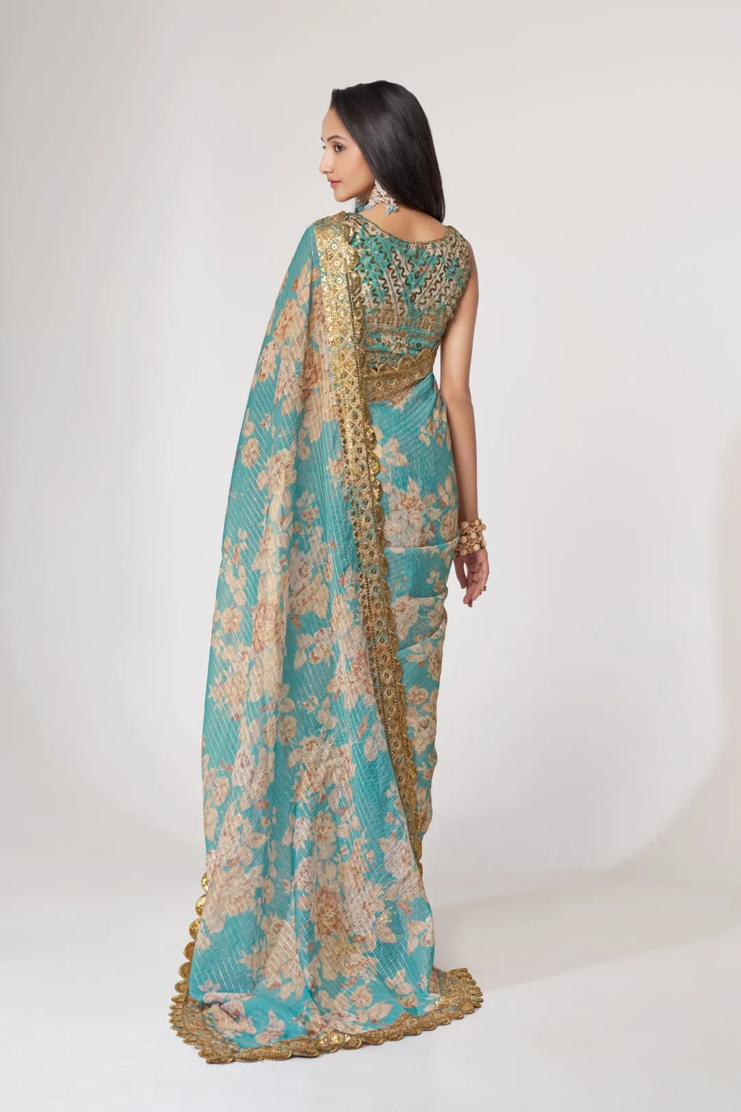 Sky Blue Organza Saree with Sequin Embroidery and Digital Print