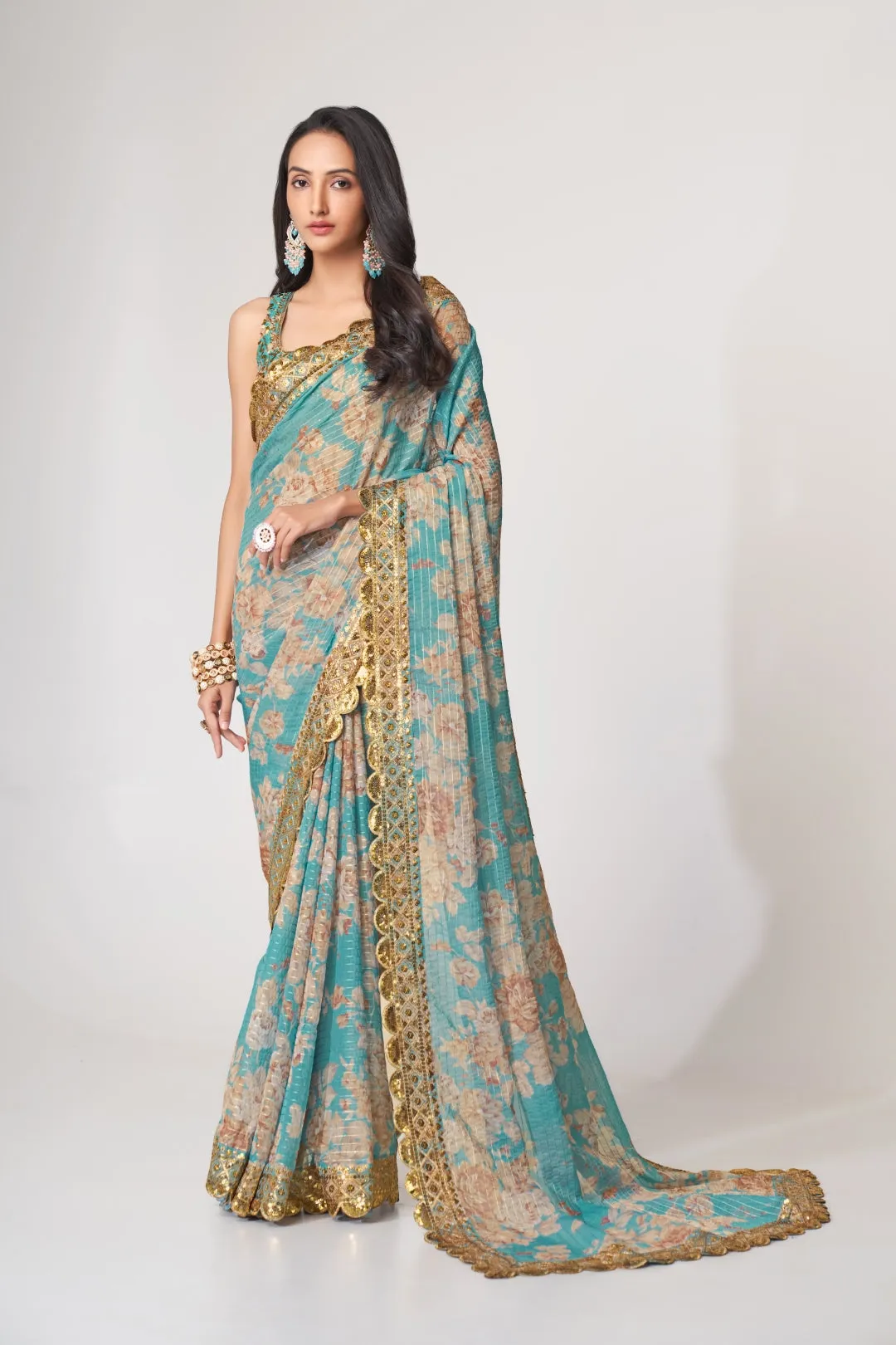 Sky Blue Organza Saree with Sequin Embroidery and Digital Print