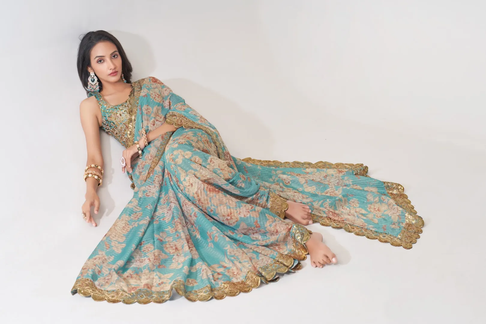 Sky Blue Organza Saree with Sequin Embroidery and Digital Print