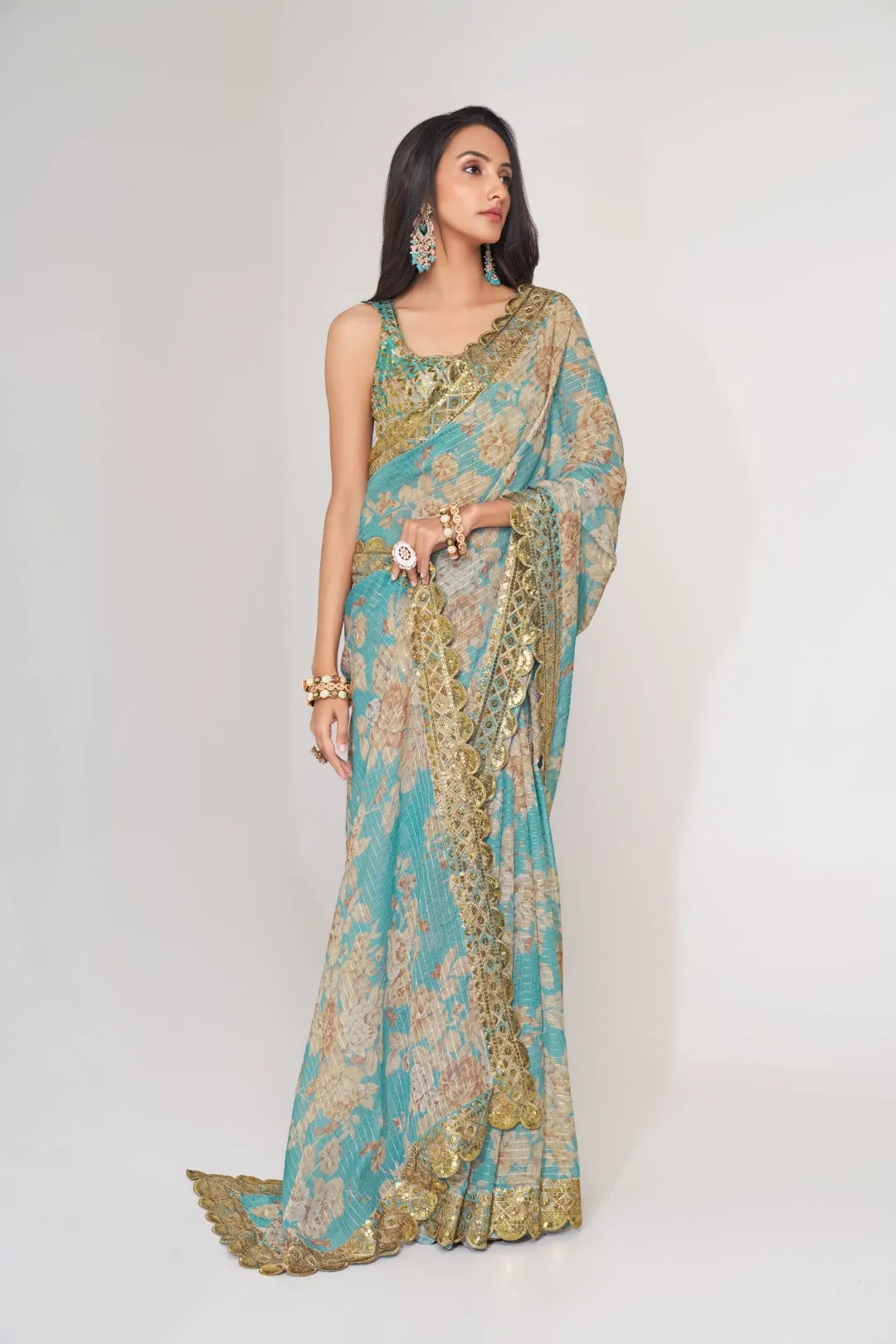 Sky Blue Organza Saree with Sequin Embroidery and Digital Print