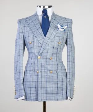 Sky Blue Plaid Double Breasted Suit