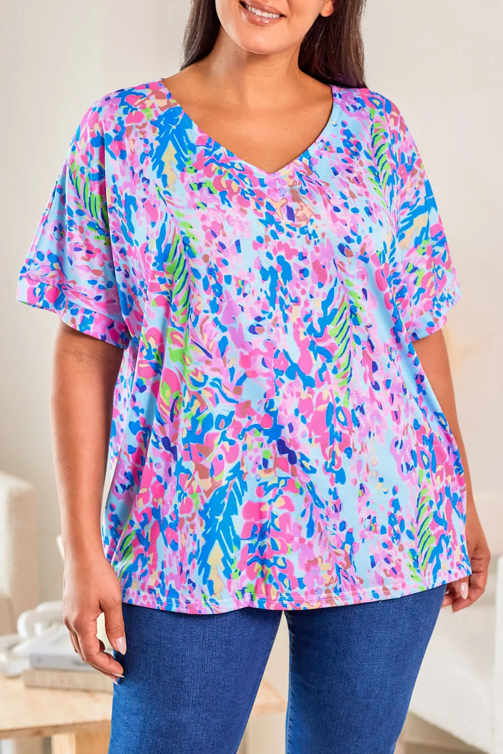 Sky Blue Plus Size Plant Print V Neck T-shirt